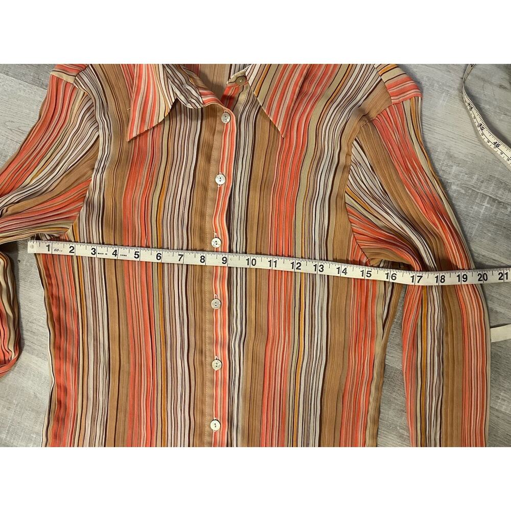 VTG 70s Dagger Collar Disco Stripe Sheer Angel Sleeve Orange Cream Button Y2K - Picture 7 of 9